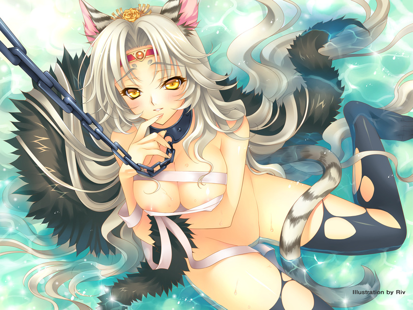 animal_ears areolae bandages black_legwear blush breasts chain collar covered_nipples highres large_breasts long_hair original riv silver_hair sitting solo submerged tail thighhighs torn_clothes torn_legwear water yellow_eyes