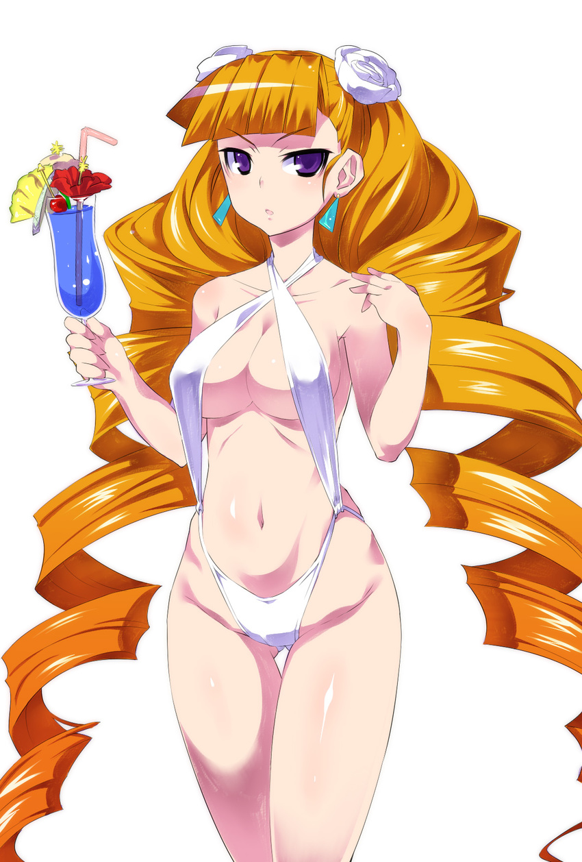 arcana_heart bad_id bad_pixiv_id bare_shoulders blonde_hair blue_eyes breasts drill_hair earrings flower glass hair_flower hair_ornament highres jewelry large_breasts long_hair navel petra_johanna_lagerkvist slingshot_swimsuit solo swimsuit torimaru twin_drills very_long_hair