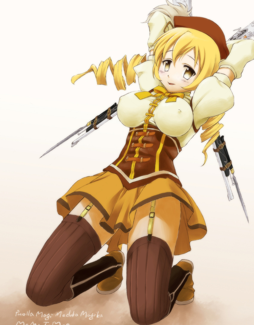 arms_behind_head arms_up bayonet beret blonde_hair blush boots breasts brown_legwear corset covered_nipples crossed_arms dancho_(danch) detached_sleeves drill_hair dual_wielding fingerless_gloves garter_straps gloves gradient gradient_background gun hair_ornament hairpin hat highres holding kneeling large_breasts magical_girl magical_musket mahou_shoujo_madoka_magica open_mouth pleated_skirt puffy_sleeves ribbon rifle shirt skirt smile solo striped striped_legwear taut_clothes taut_shirt thighhighs tomoe_mami twin_drills twintails vertical-striped_legwear vertical_stripes weapon yellow_eyes zettai_ryouiki