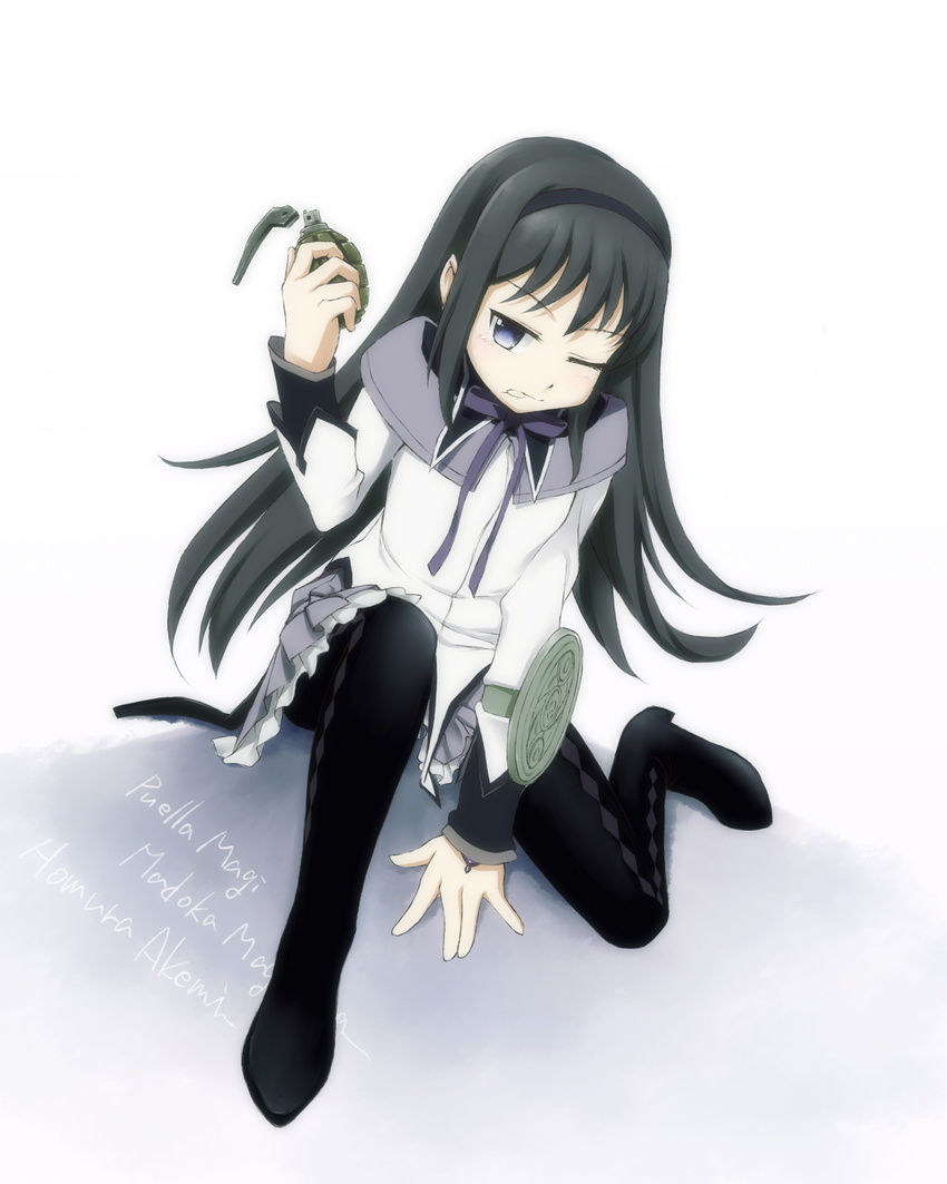 akemi_homura between_legs black_hair boots dancho_(danch) explosive grenade hairband hand_between_legs highres long_hair mahou_shoujo_madoka_magica mouth_hold one_eye_closed pantyhose pleated_skirt purple_eyes skirt solo thigh_boots thighhighs