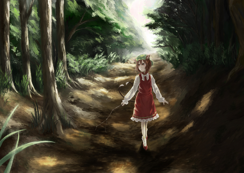 akai_kitsune animal_ears bad_id bad_pixiv_id branch brown_eyes brown_hair cat_ears cat_tail chen forest hat multiple_tails nature short_hair solo tail touhou