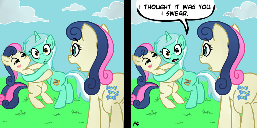 blank_flank blush bonbon_(mlp) clone comic cutie_mark dialog equine female feral friendship_is_magic hasbro horn horse kissing lesbian lyra_(mlp) lyra_heartstrings_(mlp) mammal megasweet my_little_pony nobnob_(mlp) o_o pony reaction reaction_image reversed speech_balloon text unicorn walk-in walk_in