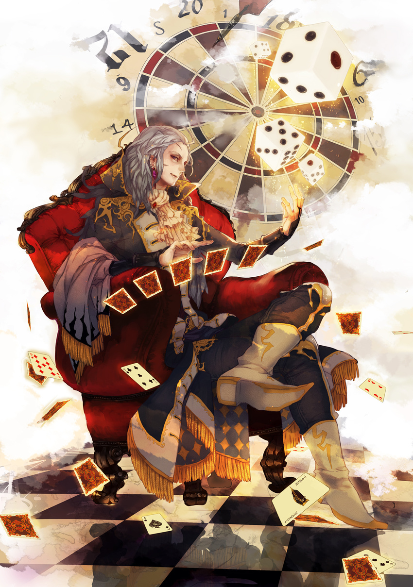 boots card checkered checkered_floor cravat dart dartboard dice earrings falling_card final_fantasy final_fantasy_vi floating_card grey_hair highres jewelry long_hair lying_card male_focus playing_card scar setzer_gabbiani sitting smile solo yukisame