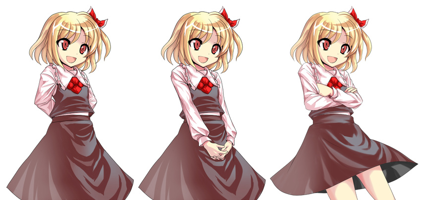 :d alphes_(style) araki_(qbthgry) arms_behind_back blonde_hair crossed_arms hair_ribbon hands_clasped multiple_views necktie open_mouth own_hands_together parody red_eyes ribbon rumia short_hair skirt smile style_parody touhou vest