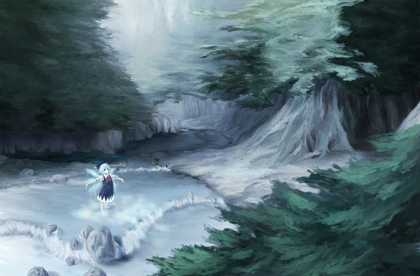 1girl akai_kitsune bad_id bad_pixiv_id blue_eyes blue_hair bow cirno dress_shirt forest hair_bow highres nature outstretched_arms river shirt solo spread_arms touhou wading wings