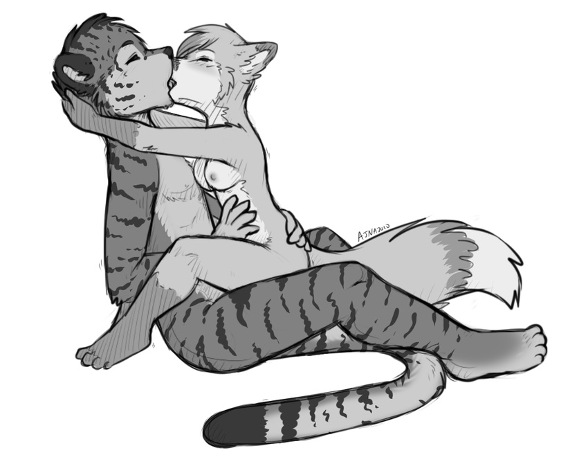 2011 ajna anthro breasts canine duo eyes_closed feline female female_on_top fox greyscale kissing male mammal mastery_position monochrome nipples nude on_top plain_background sex side_view size_difference straight tiger white_background