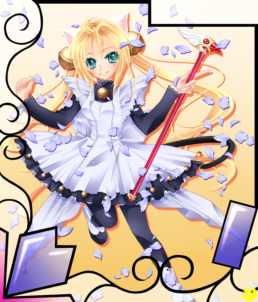 animal_ears bell blonde_hair cardcaptor_sakura cat_ears cosplay dejiko dejiko_(cosplay) di_gi_charat dress fuuin_no_tsue green_eyes highres jingle_bell kinomoto_sakura kinomoto_sakura_(cosplay) long_hair magical_girl mizuki_(midukimaru) original pantyhose petals solo twintails wand