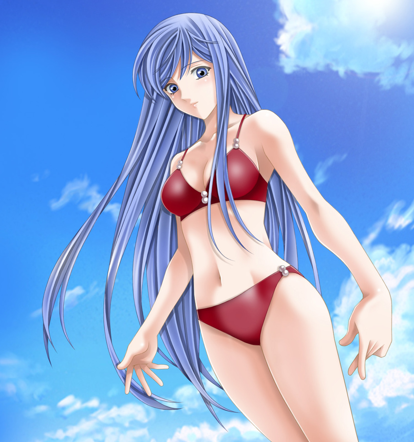 bikini blue_eyes blue_hair fire_emblem fire_emblem:_monshou_no_nazo highres long_hair sheeda solo swimsuit tamamon
