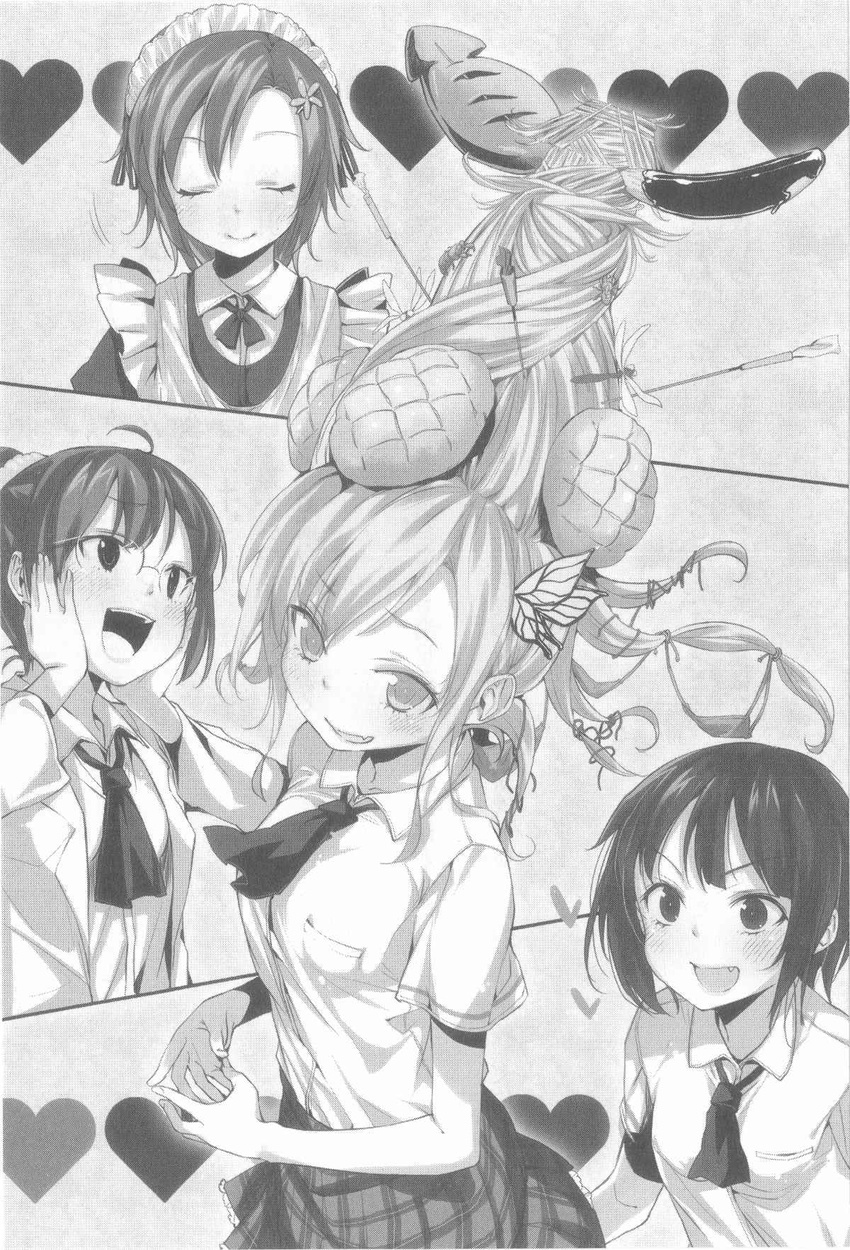 :d boku_wa_tomodachi_ga_sukunai bug buriki butterfly butterfly_hair_ornament closed_eyes fang glasses greyscale hair_ornament highres insect kashiwazaki_sena kusunoki_yukimura labcoat long_hair maid mikazuki_yozora monochrome multiple_girls official_art open_mouth ponytail school_uniform shiguma_rika short_hair smile st._chronica_academy_uniform