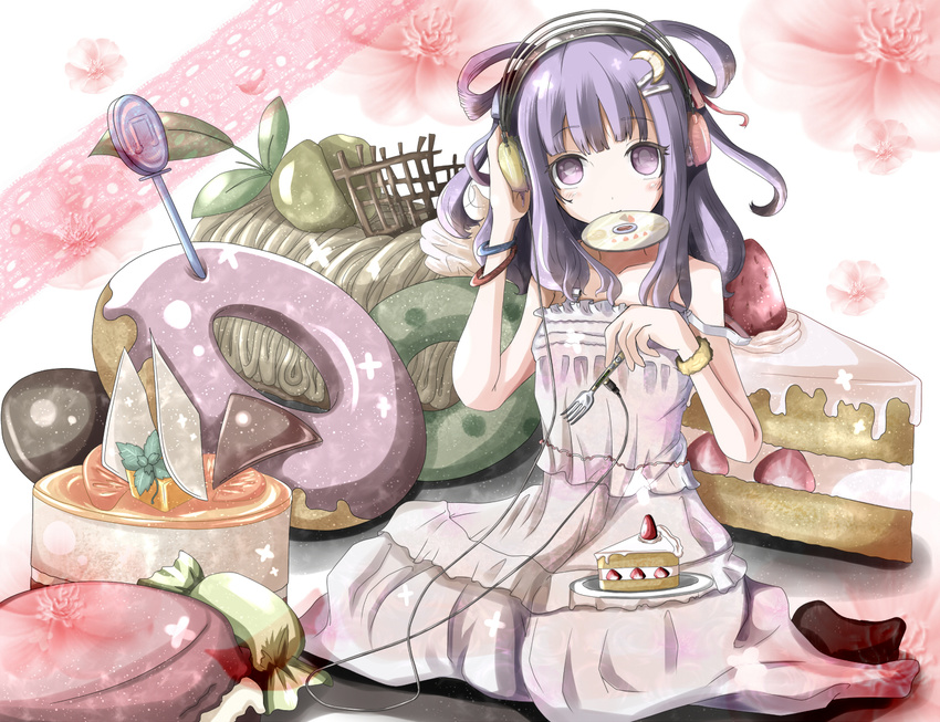 alternate_costume alternate_hairstyle bad_hands bangle bracelet cake candy cd crescent crescent_hair_ornament digital_media_player doughnut dress flower food fork fruit hair_ornament hairclip headphones jewelry kuroneko_(fragrant_olive) lace mouth_hold patchouli_knowledge plate purple_eyes purple_hair sitting slice_of_cake solo strap_slip strawberry strawberry_shortcake touhou
