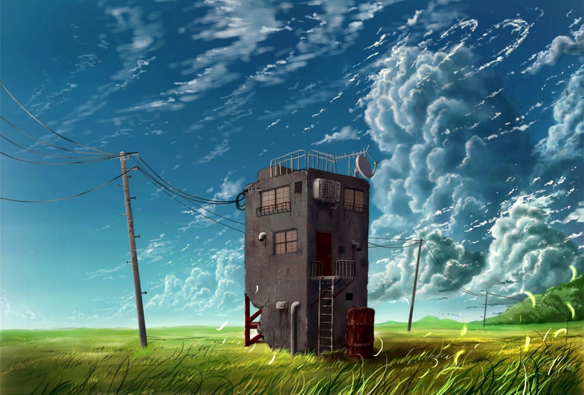 bad_id bad_pixiv_id building cloud cola_(gotouryouta) day drum_(container) field grass ladder no_humans original power_lines railing satellite_dish scenery sky window