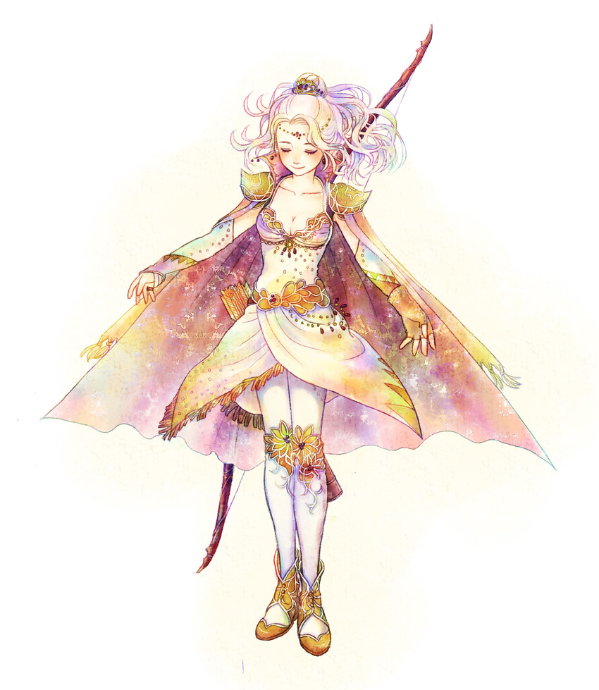 blonde_hair bow_(weapon) breasts cleavage closed_eyes cocura final_fantasy final_fantasy_iv highres large_breasts md5_mismatch ponytail rosa_farrell shoulder_pads simple_background smile solo weapon white_background