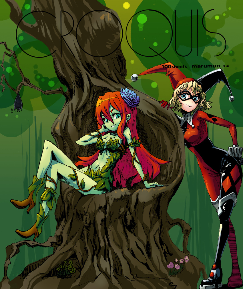 bat black_bodysuit bodysuit breasts cleavage cony_(la_locura) dc_comics domino_mask flower green_skin harley_quinn highres leaf mask medium_breasts multiple_girls plant_girl poison_ivy red_bodysuit skin_tight tree