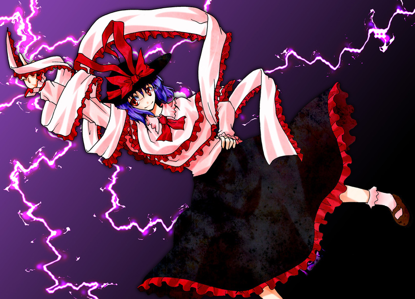 bow electricity frills hat highres nagae_iku purple_hair red_eyes saturday_night_fever seanyan shawl solo touhou