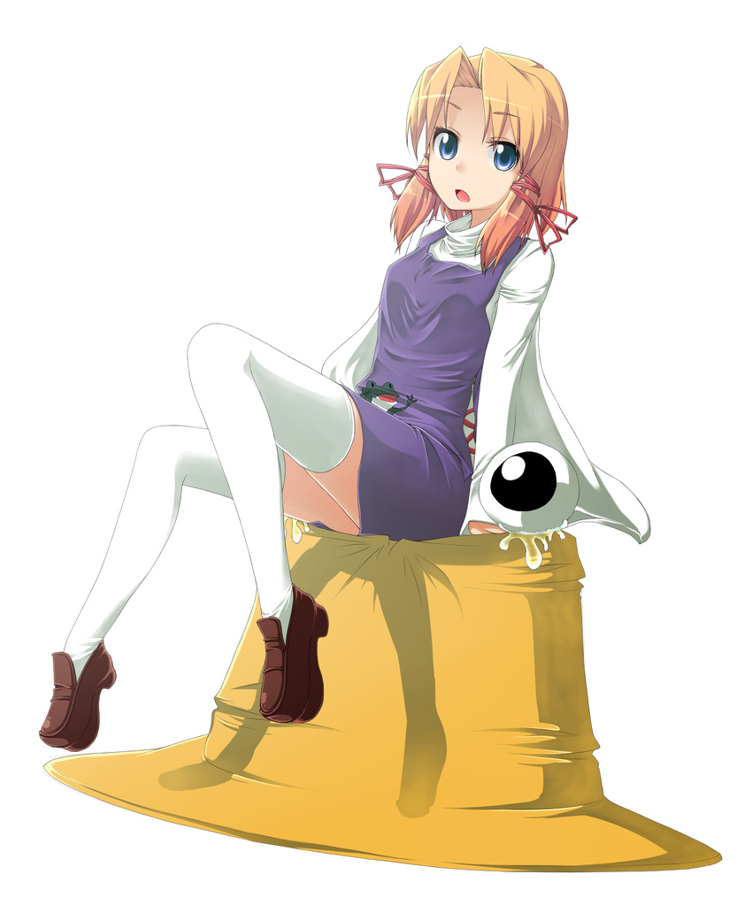 arm_support bad_id bad_pixiv_id blonde_hair blue_eyes dress eyes frog full_body gradient_hair hair_ribbon hat hat_removed headwear_removed highres ibuki_notsu moriya_suwako multicolored_hair open_mouth orange_hair oversized_object pyonta ribbon shoes short_hair sitting solo tears thighhighs touhou transparent_background white_legwear zettai_ryouiki