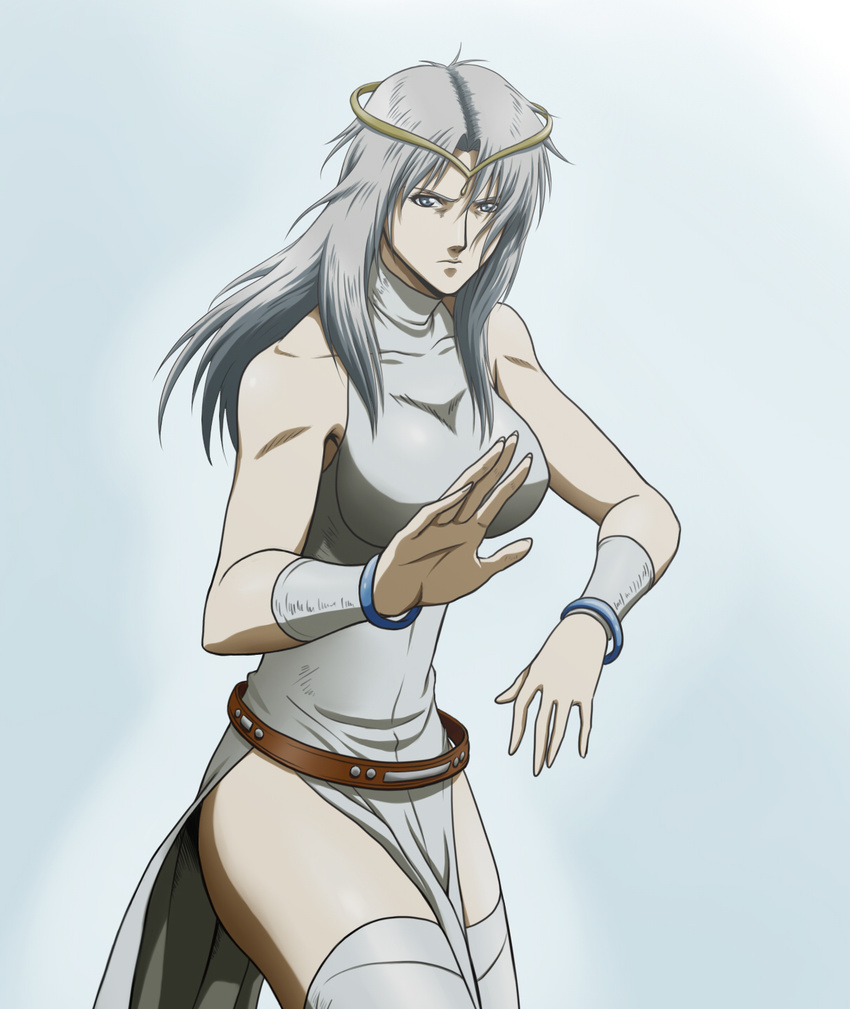 akimaru armband bracelet breasts circlet fighting_stance foreshortening genderswap genderswap_(mtf) highres hokuto_no_ken jewelry large_breasts long_hair m.u.g.e.n md5_mismatch midnight_bliss shirt side_slit silver_eyes silver_hair solo taut_clothes taut_shirt thighhighs toki_(hokuto_no_ken)