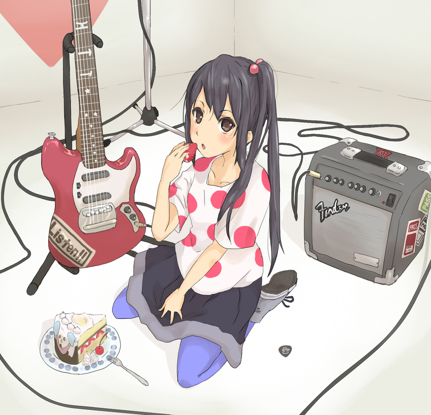 amplifier black_hair blue_legwear brown_eyes cake electric_guitar fender food fruit guitar highres holding holding_food holding_fruit instrument jinzo k-on! listen!! long_hair microphone_stand nakano_azusa pantyhose pastry polka_dot side_ponytail skirt solo strawberry