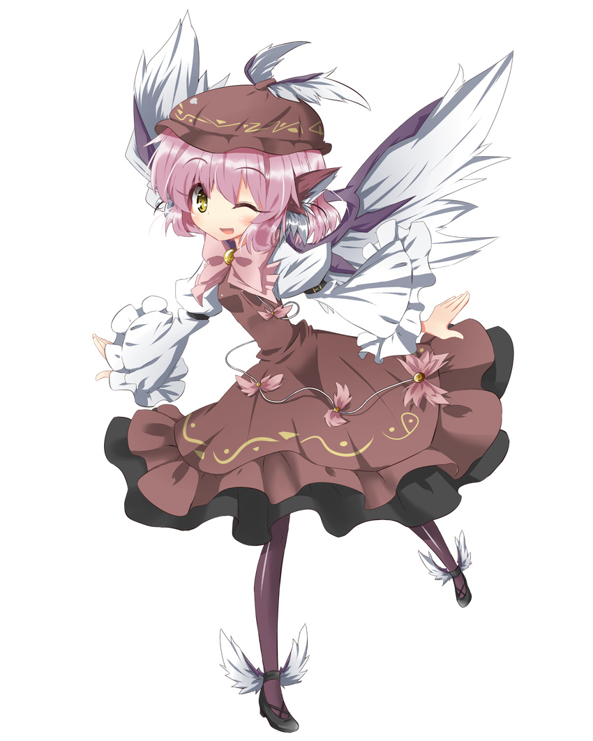 absurdres animal_ears bad_id bad_pixiv_id black_legwear cross-laced_footwear dress full_body hat highres mystia_lorelei one_eye_closed open_mouth outstretched_arms pantyhose pink_hair shoes short_hair smile solo spread_arms touhou transparent_background urimono winged_shoes wings yellow_eyes