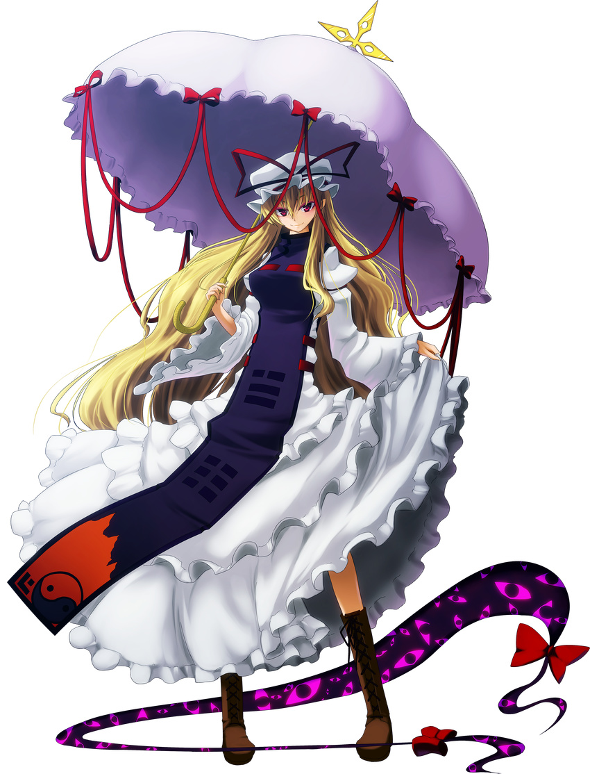 absurdres blonde_hair din_(flypaper) full_body gap hat highres long_hair looking_at_viewer purple_eyes smile solo touhou transparent_background umbrella very_long_hair yakumo_yukari