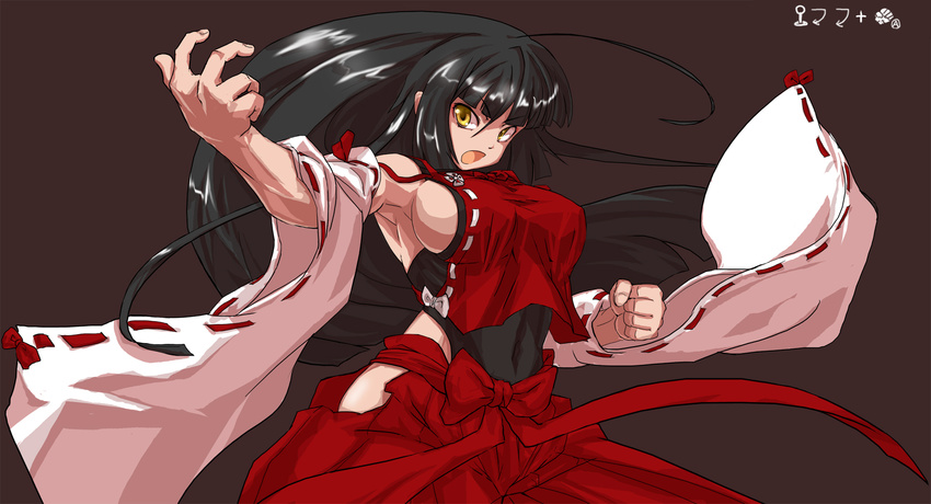 ahoge armpits bad_hands bare_hips black_hair breasts clenched_hand detached_sleeves fighting_stance highres japanese_clothes large_breasts m.u.g.e.n muscle nontraditional_miko original rekise sendai_hakurei_no_miko sideboob solo touhou wide_sleeves yellow_eyes