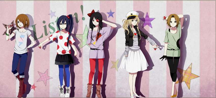 akiyama_mio bare_shoulders black_hair black_legwear blonde_hair blue_legwear boots bow brown_eyes brown_hair casual cross-laced_footwear food fruit hair_bobbles hair_bow hair_ornament hairband hat high_heels highres hirasawa_yui k-on! kotobuki_tsumugi lace-up_boots leggings listen!! long_hair multiple_girls nakano_azusa pantyhose peaked_cap polka_dot red_legwear sailor_hat shoes short_hair side_ponytail star strawberry tainaka_ritsu xino