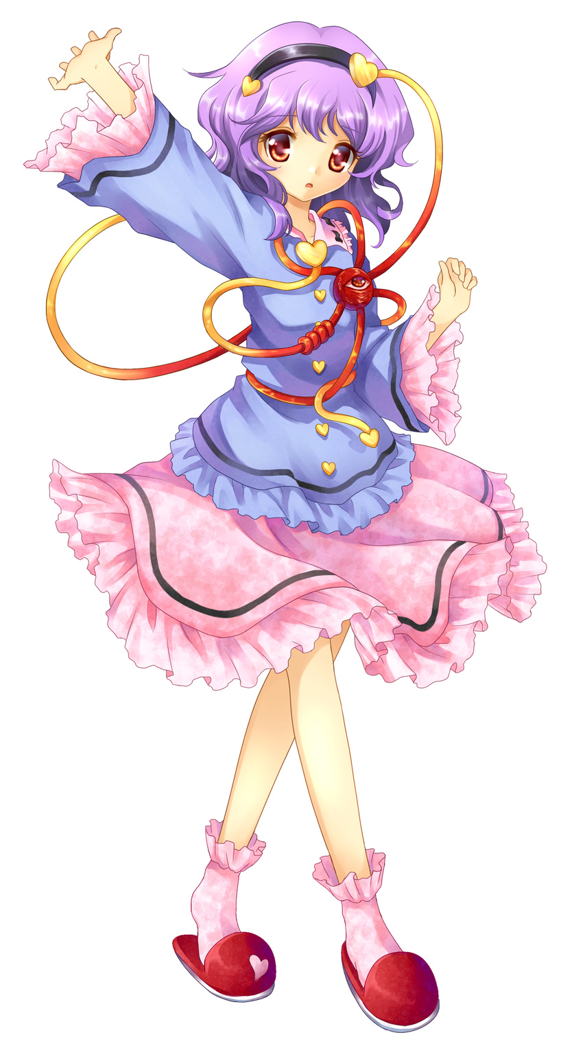 absurdres arm_up blush crossed_legs eyes full_body hairband hands heart highres komeiji_satori looking_at_viewer mauve open_mouth orange_eyes outstretched_arm purple_hair red_eyes short_hair slippers socks solo standing touhou transparent_background