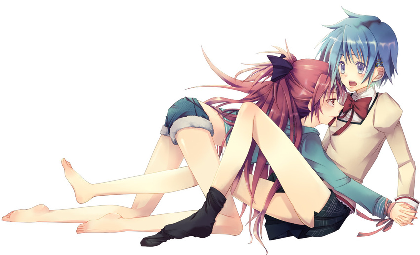 barefoot blue_eyes blue_hair blush bow feet hair_bow hair_ornament long_hair mahou_shoujo_madoka_magica miki_sayaka multiple_girls pink_hair ponytail red_eyes red_hair sakura_kyouko school_uniform short_hair sock_pull socks uta-i