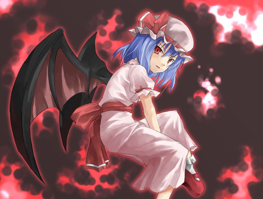 bat_wings blue_hair bow dress frilled_sleeves frills hat hat_ribbon large_bow looking_at_viewer mary_janes mob_cap open_mouth pink_dress puffy_sleeves red_eyes red_footwear remilia_scarlet ribbon shoes socks solo touhou wings yuuta_(tokoton_hirune_hiyori)