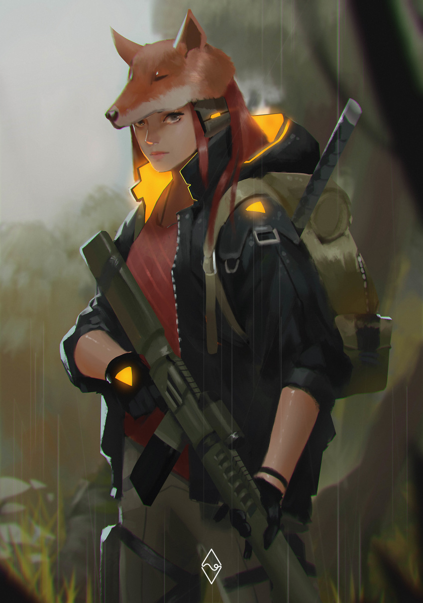 1girl absurdres bad_anatomy black_gloves black_hoodie closed_mouth eyes_closed fahmi_fauzi fog fox fox_hat gloves glowing grass grey_eyes gun hat highres holding holding_gun holding_weapon hood hoodie jewelry medium_hair necklace original pink_lips rain red_hair red_shirt shirt signature sleeves_rolled_up solo standing sword tree weapon weapon_on_back zipper