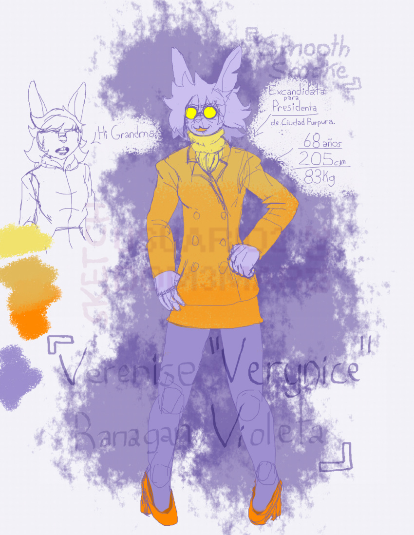 age_difference clothed clothing colored concept_art disheveled_hair eyewear female footwear fur glasses high_heels lagomorph larger_female legwear lipstick makeup mammal old older_female pantyhose purple_fur rabbit scarf shoes size_difference sketch skirt smaller_female smile spanish_text text usuario2_(artist) verenise_violeta victoria_violeta_(usuario2) younger_female