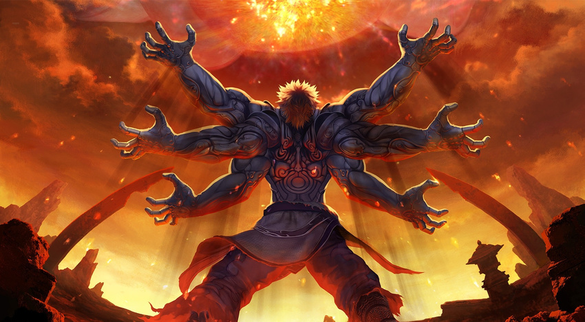 1boy arms asura asura's_wrath asura's_wrath asura_(asura's_wrath) back capcom cyber_connect_2 epic glowing glowing_eyes highres male male_focus manly monster_boy multi_arm multi_limb multiple_arms official_art pointing solo topless white_eyes white_hair
