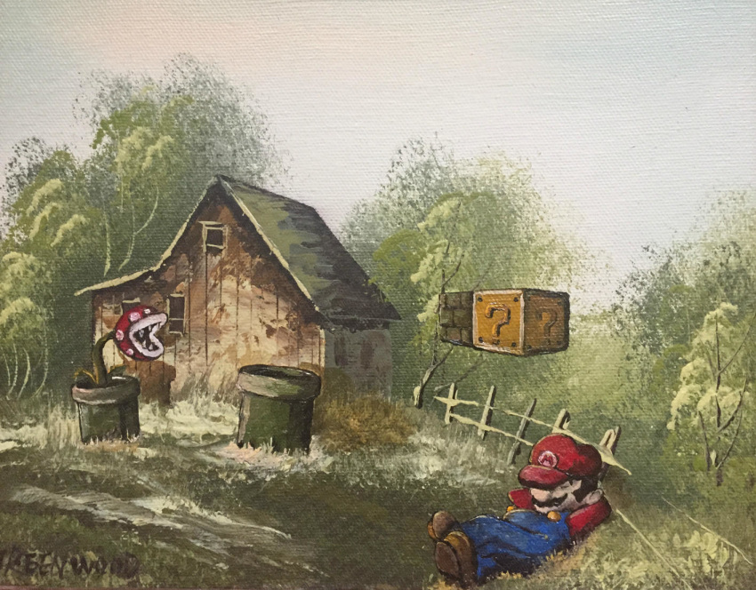 1boy block blue_overalls commentary dave_pollot english_commentary eyes_closed facial_hair hat house lying male_focus mario mario_(series) mustache nintendo on_back outdoors overalls piranha_plant plant red_hat sharp_teeth signature sleeping teeth traditional_media tree warp_pipe wide_shot
