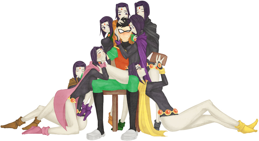 1girl black_hair blush book cape cartoon_network chair dc_comics dick_grayson glasses green_shoes mask multiple_persona pink_shoes pixiv_manga_sample purple_shoes raven raven_(dc) reading robin robin_(dc) shoes sitting teen_titans yellow_shoes