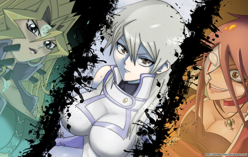 3girls bad_id breasts cleavage impossible_clothes impossible_clothing izayoi_aki kujaku_mai large_breasts multiple_girls society_of_light tenjouin_asuka white_uniform yu-gi-oh! yugioh_5d's yugioh_gx yuu-gi-ou_5d's yuu-gi-ou_duel_monsters yuu-gi-ou_gx