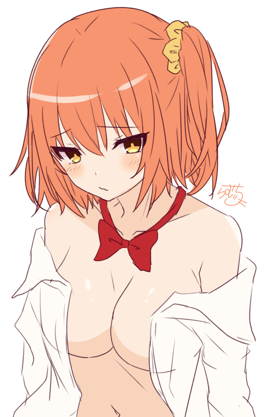 1girl :3 bangs bare_shoulders blush bow bowtie breasts cleavage closed_mouth collarbone commentary_request eyebrows_visible_through_hair fate/grand_order fate_(series) fujimaru_ritsuka_(female) hair_ornament hair_scrunchie highres looking_at_viewer medium_breasts naked_shirt navel no_bra one_side_up open_clothes open_shirt orange_hair ramchi red_bow red_neckwear scrunchie shirt signature simple_background smile solo upper_body white_background white_shirt yellow_eyes