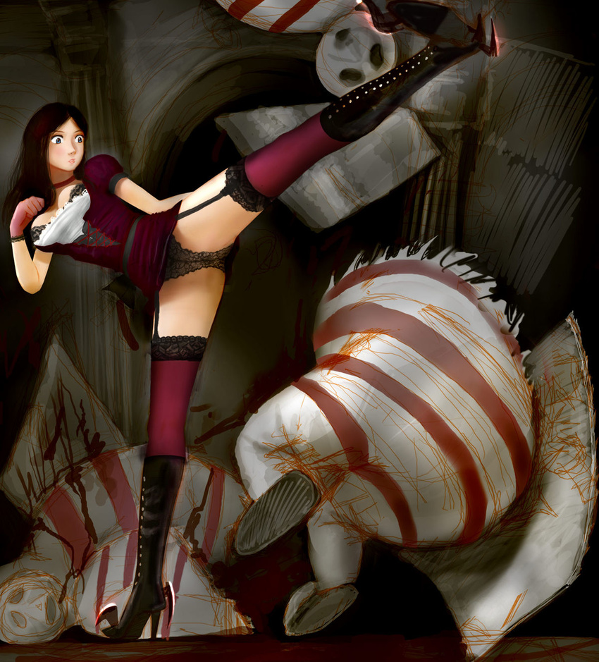 alice:_madness_returns alice_(wonderland) alice_in_wonderland alice_liddell american_mcgee's_alice american_mcgee's_alice black_hair blade blades blood boots gloves high_heel_boots high_heels highres panties shoes thighhighs underwear weapon weapons