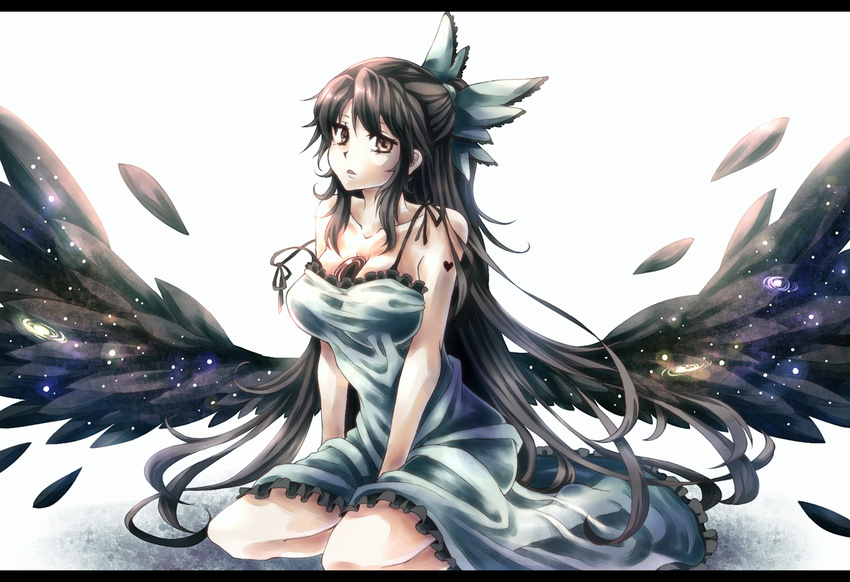 alternate_costume brown_eyes brown_hair heart kneeling letterboxed long_hair namuko open_mouth reiuji_utsuho sitting solo strap_slip third_eye touhou very_long_hair wariza wings