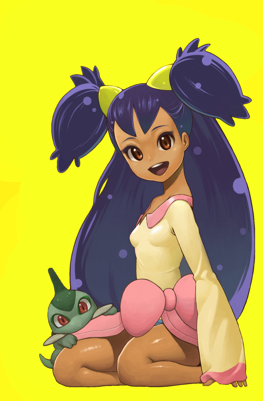 axew bad_id bad_pixiv_id big_hair blush bow breasts brown_eyes coon dark_skin gen_5_pokemon highres iris_(pokemon) long_hair looking_at_viewer pink_bow pokemon pokemon_(creature) pokemon_(game) pokemon_bw purple_hair shiny shiny_skin small_breasts smile theft two_side_up very_long_hair