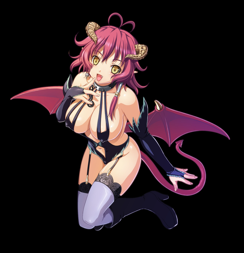 bare_shoulders breasts cleavage demon_girl erect_nipples fang garters gloves highres horns kyonyuu_fantasy large_breasts navel open_mouth red_hair shamsiel shamujerushaharu sideboob succubus tail thighhighs waffle wings