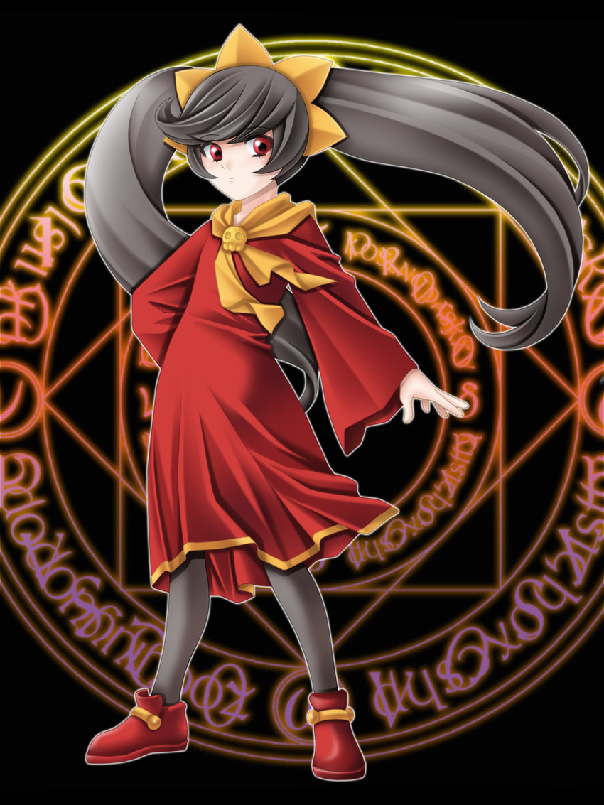 ashley_(warioware) black_background black_hair child dress hairband highres long_hair lyrical_nanoha magic_circle orange_hairband pantyhose red_eyes simple_background skull solo tamamon twintails warioware witch