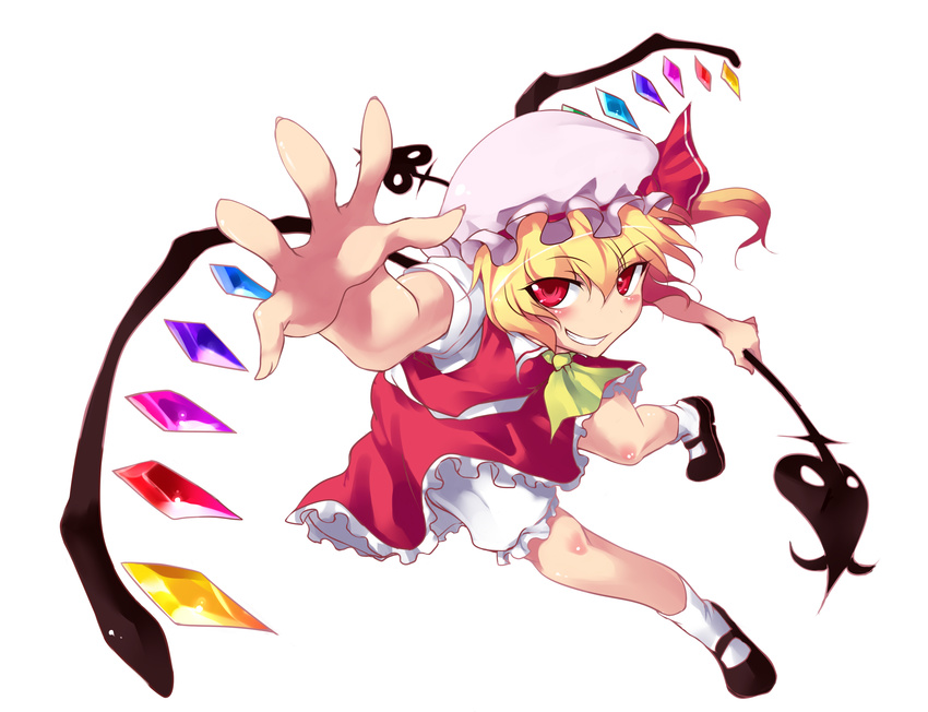 blonde_hair flandre_scarlet foreshortening grin highres kiyoichi_(acacia_soukyoukai) laevatein outstretched_hand red_eyes short_hair side_ponytail simple_background smile solo touhou wings