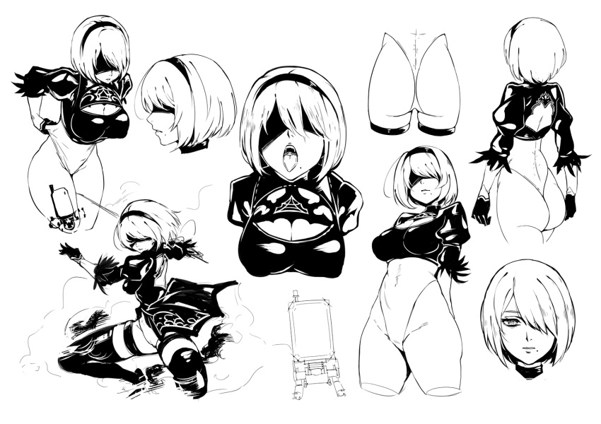 ass back_cutout blindfold breasts cleavage cleavage_cutout dress erect_nipples hair_over_one_eye hairband highres juliet_sleeves large_breasts leotard long_sleeves medium_breasts mole mole_under_mouth monochrome nier_(series) nier_automata open_mouth pod_(nier_automata) puffy_sleeves sketch sword thighhighs tongue tongue_out weapon xiaobang yorha_no._2_type_b