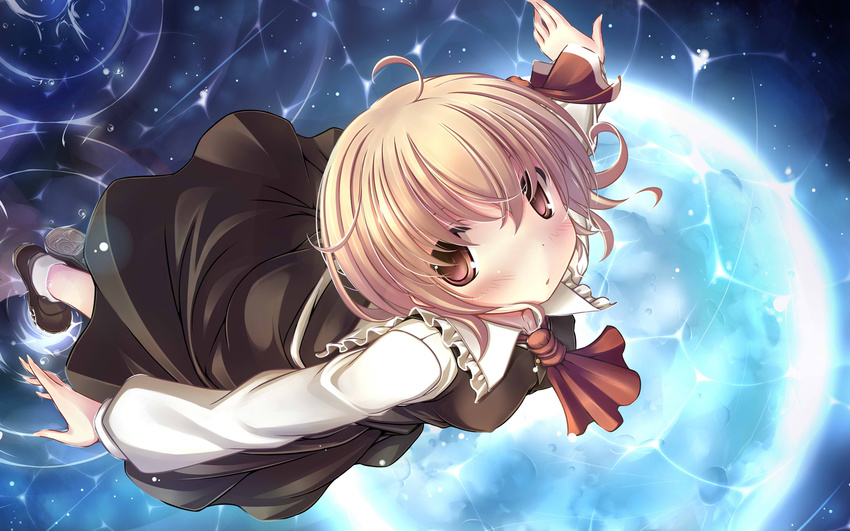 ahoge ascot blonde_hair blush full_moon highres kaisu moon outstretched_arms red_eyes reflection ripples rumia solo spread_arms touhou water