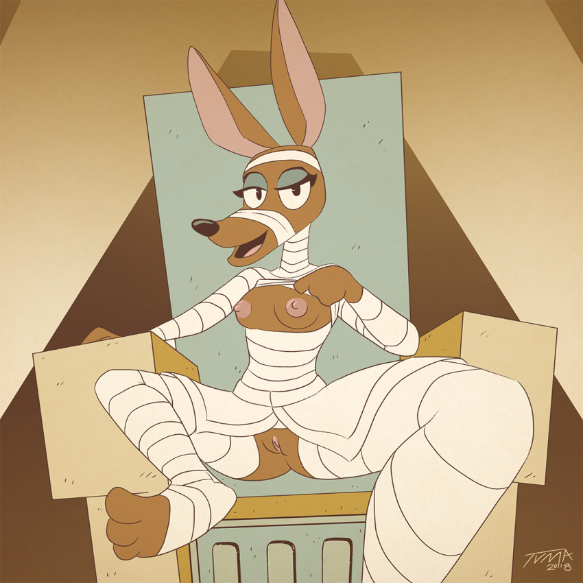 amunet_(ducktales) anubian_jackal bandage bedroom_eyes breasts canid canine canis chair disney ducktales ducktales_(2017) egyptian eyeshadow female half-closed_eyes jackal looking_at_viewer makeup mammal monochrome nipples open_mouth presenting pussy seductive sepia solo throne tvma unwrapping