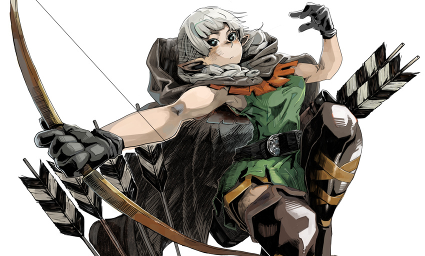 armpits arrow blue_eyes boots bow_(weapon) braid cloak dragon's_crown dragon's_crown elf elf_(dragon's_crown) elf_(dragon's_crown) gloves hood natsume_(tsu-na) pixiv_manga_sample pointy_ears quiver solo thigh_boots thighhighs twin_braids vanillaware weapon white_hair