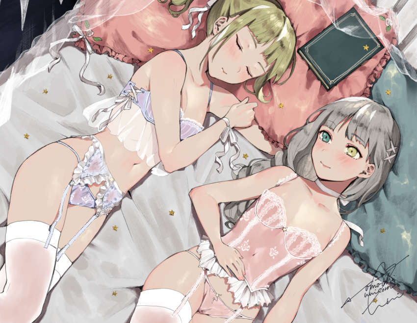 2girls aqua_eyes bangs bed blonde_hair blue_bra blue_panties blush book bra choker eyebrows_visible_through_hair garter_belt garter_straps grey_hair hair_ornament haishima_isari haishima_kagari heterochromia lingerie looking_at_another lying multiple_girls on_back on_bed on_side panties pillow pink_panties pink_pillow school_girl_strikers see-through siblings signature sisters sleeping smile star thighhighs twins underwear uni_(melm) white_choker white_legwear x_hair_ornament yellow_eyes