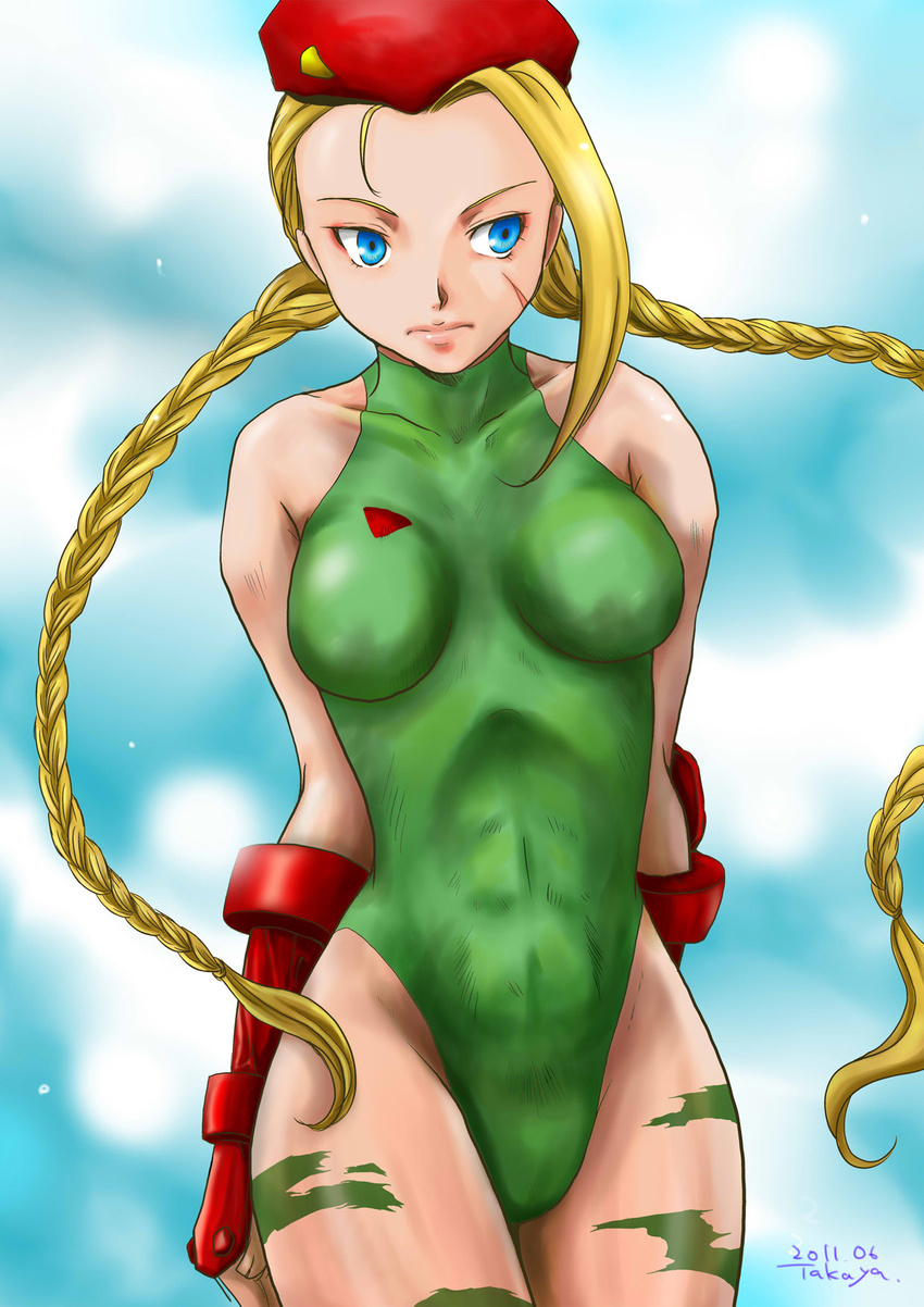 bare_shoulders beret blonde_hair blue_eyes braid cammy_white capcom female hat highres leotard long_hair solo street_fighter takaya58 twintails