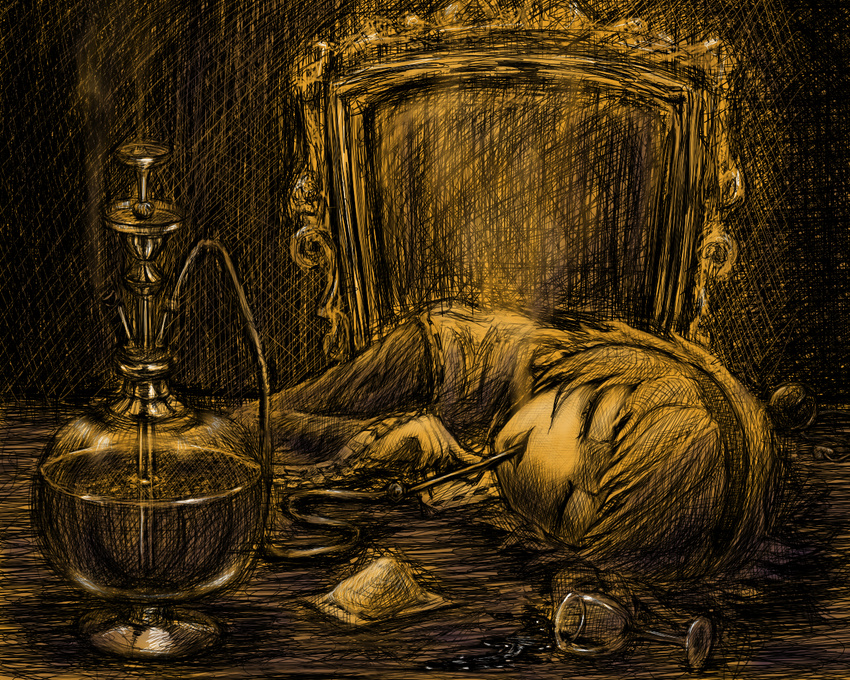 chair closed_eyes commentary_request drugged drugs glass hookah inhaling komeiji_satori lying monochrome opium orange_(color) short_hair sitting sketch solo spill steam taguchi_kirei touhou upper_body