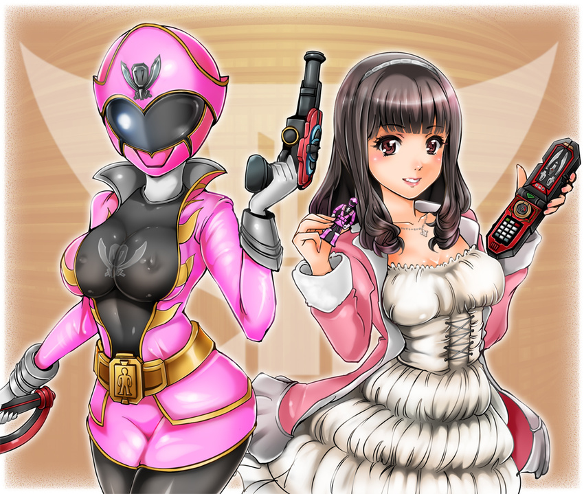 1girl ahim_de_famille black_hair breasts cellphone corset covered_nipples curvy dress gokai_pink gun kaizoku_sentai_gokaiger large_breasts medium_breasts phone see-through sentai skin_tight super_sentai sword weapon