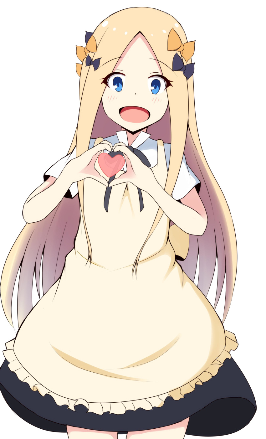 1girl :d abigail_williams_(fate/grand_order) absurdres apron bangs black_bow black_skirt blonde_hair blue_eyes blush bow brown_apron collared_shirt commentary_request cosplay fate/grand_order fate_(series) forehead frilled_apron frills hair_bow heart heart_hands highres long_hair looking_at_viewer mitchi open_mouth orange_bow parted_bangs shirt short_sleeves sidelocks simple_background skirt smile solo very_long_hair white_background white_shirt working!!